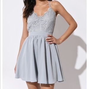 MILA LIGHT BLUE LACE PLEATED SKATER DRESS